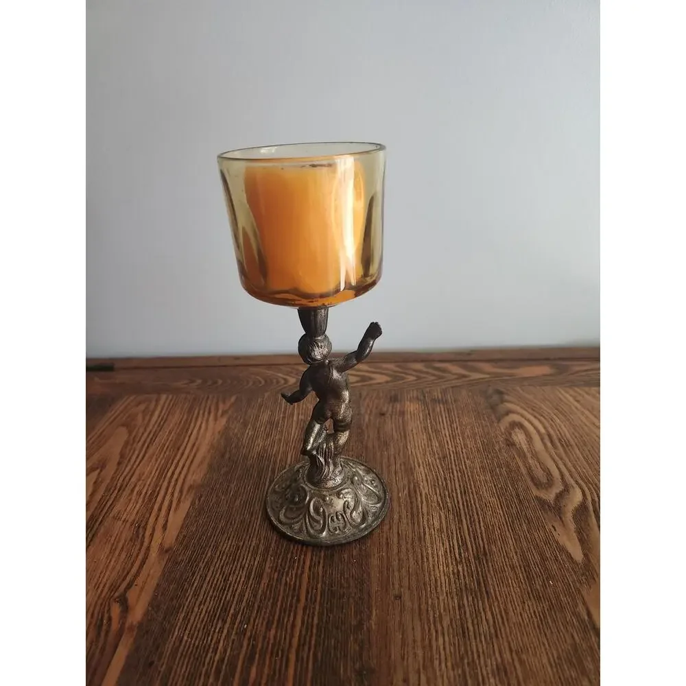 Vtg MCM  Hollywood Regency Style Cherub Votive Brass Candle Holder 8